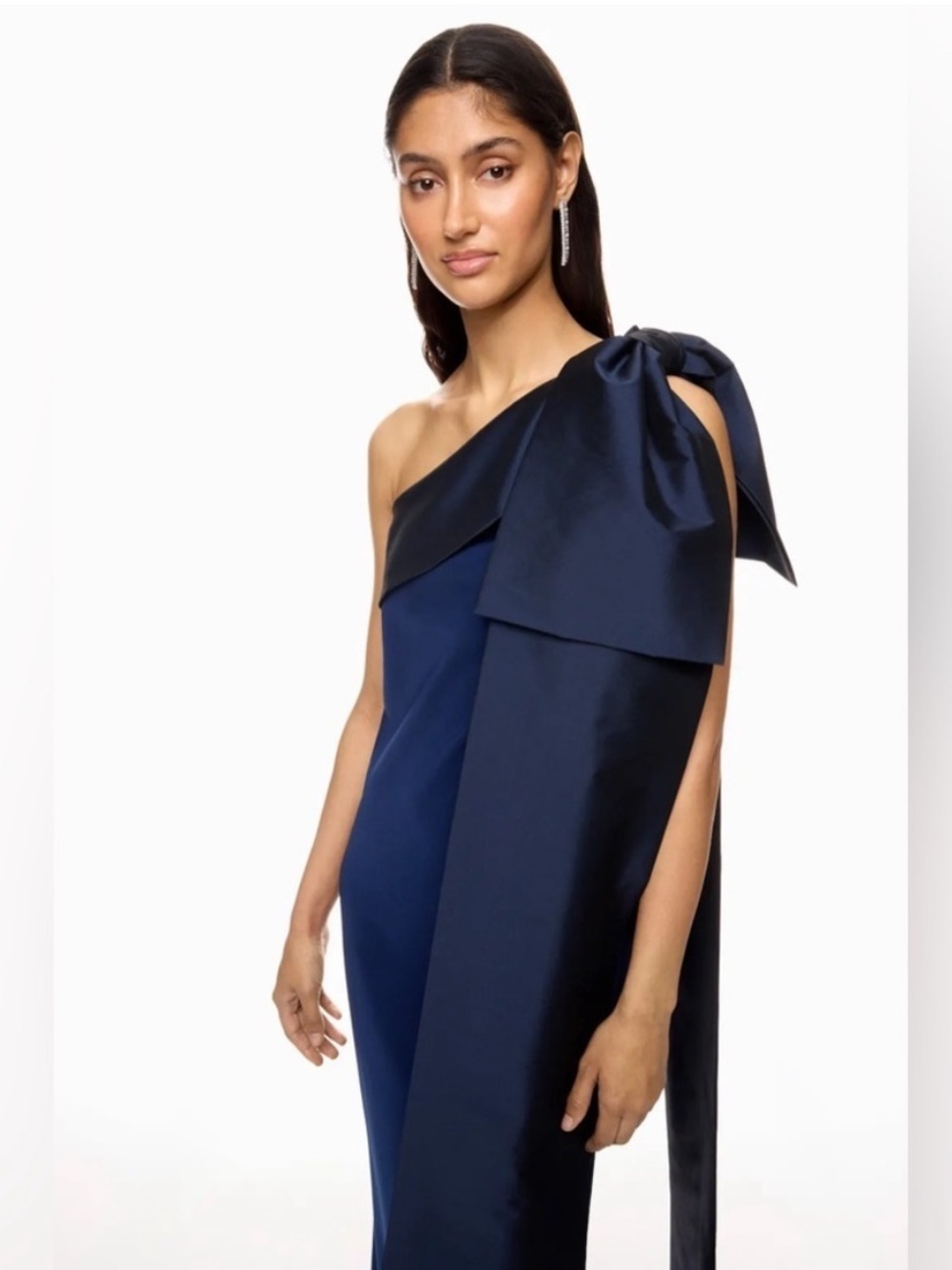 BERNADETTE Adrian One Shoulder Draped Bow Taffeta Navy Maxi Dress NWT - Picture 9 of 12